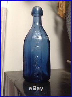 1850's J & A Dearborn New York Cobalt 8 Sided Iron Pontil Mineral Water Bottle