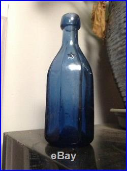 1850's J & A Dearborn New York Cobalt 8 Sided Iron Pontil Mineral Water Bottle