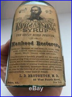 1870s ANTIQUE Invigorating MANHOOD RESTORER BOTTLE Dr. L. D. Broughton NEW YORK