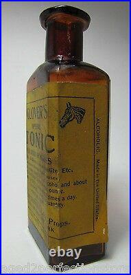 1920's GLOVER'S IMPERIAL TONIC DOG & HORSE MEDICINE Amber Bottle w Label NY