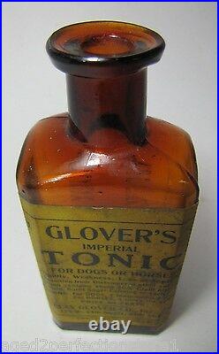 1920's GLOVER'S IMPERIAL TONIC DOG & HORSE MEDICINE Amber Bottle w Label NY