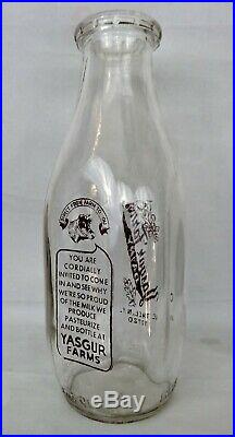 1969 Yasgur Quart Dairy Milk Bottle Woodstock Bethel NY Excellent Condition