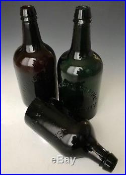 3 19thC Mineral Water Bottles Green, Amber & Black, Hathorn Spring, Saratoga NY