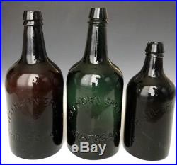 3 19thC Mineral Water Bottles Green, Amber & Black, Hathorn Spring, Saratoga NY