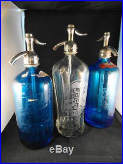 3 Vintage Seltzer Bottles Lot Blue, Clear, and Blue NY Area Bottlers