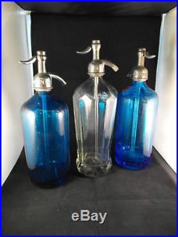 3 Vintage Seltzer Bottles Lot Blue, Clear, and Blue NY Area Bottlers