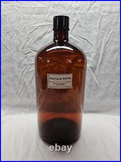 ANTIQUE 13 1/2 AMBER APOTHECARY JAR Distilled Water Paper Label Ithaca, NY