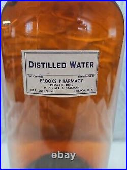 ANTIQUE 13 1/2 AMBER APOTHECARY JAR Distilled Water Paper Label Ithaca, NY