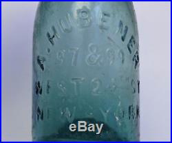 Antique A. Hubener 97 & 99 West 24th St New York Teal soda Bottle circa 1855