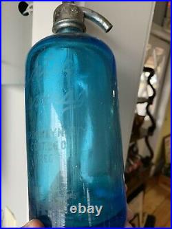 Antique Atlantic Beverage Seltzer Blue Glass Bottle Brooklyn NY Etched Sailboat
