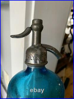 Antique Atlantic Beverage Seltzer Blue Glass Bottle Brooklyn NY Etched Sailboat