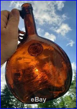 Antique Bottle Open Pontil Amber Glass 1860s Hand Blown New York City Emb Seal