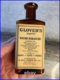 Antique Bottle withlabel! Glover's Imperial Fever Reduce Dogs/Cats/FOXES! New York