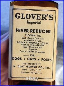 Antique Bottle withlabel! Glover's Imperial Fever Reduce Dogs/Cats/FOXES! New York