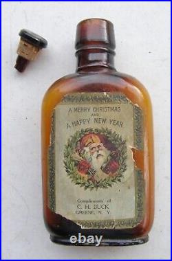 Antique Christmas Whiskey Flask Bottle Orig Santa Label Belsnickel Greene Ny