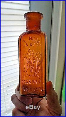 Antique Druggist Bottle J. E. Moore Albany New York Honey Amber 1880's