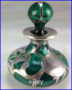 Antique Jade Colored Glass With Silver Overly New York Written Scent Bottle