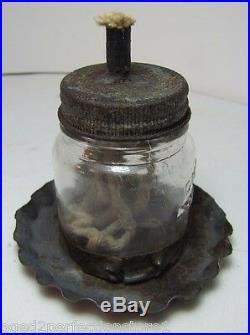 Antique MAKE-DO OIL LAMP tin base CHEESEBROUGH Mfg Co NEW YORK glass bottle