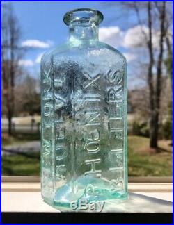 Antique NY Bottle 19thC John Moffat $1 Phoenix Bitters, Crude Green Aqua Pontil