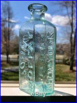 Antique NY Bottle 19thC John Moffat $1 Phoenix Bitters, Crude Green Aqua Pontil