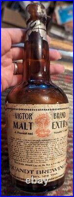 Antique Quandt Brewing Co. Troy NY Vigor Brand Malt Extract Brown Bottle RARE