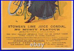 Antique RARE NY Stowers Lime Juice Cordial Lady Bike Gay 90's Bottle Trade Card