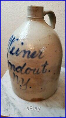 Antique S. Weiner Rondout Ny Blue Salt Glaze Stoneware Jug Advertising Bottle