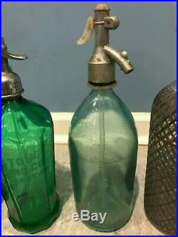 Antique Seltzer Bottle Collection of 4 etched mesh blue green New York Art Deco