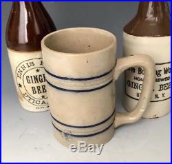 Antique Stoneware 2 Utica, NY Advertising Ginger Beer Bottles + Whites Mug, NR