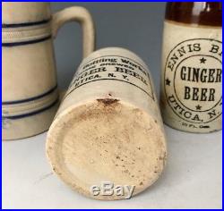 Antique Stoneware 2 Utica, NY Advertising Ginger Beer Bottles + Whites Mug, NR