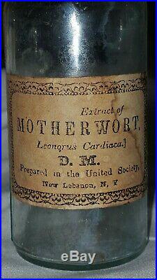 Antique United Shaker Society New Lebanon NY Medicine Motherwort Bottle with Label