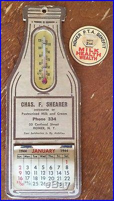 Antique Vtg Chas F Shearer Milk Bottle Calendar Thermometer Paper Dairy Homer Ny