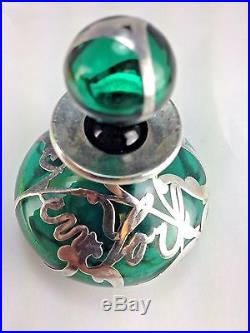 Art Deco Jade Colored Glass With Silver Overly New York Written Scent Bottle