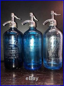 Beautiful Three Shades Of Blue Antique Seltzer Bottles From Broolyn Ny