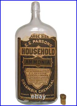 C C PARSONS HOUSEHOLD AMMONIA GLASS BOTTLE WithPAPER LABEL, COLUMBIA CHEM WORKS NY