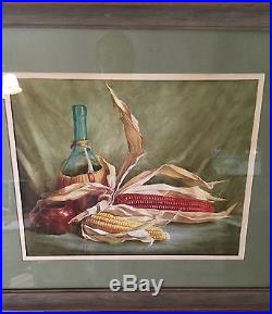 Elizabeth Elberg Watercolor Still Life New York Artist Wine Bottle & Corn Cobs