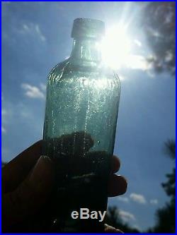 EMERALD GREEN TEAL ink bottle NEW YORK DAVIS & BLACK OPEN PONTIL ANTIQUE GLASS