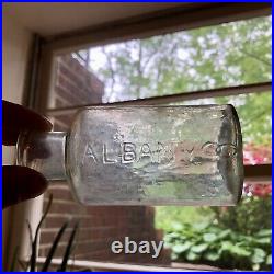 Early Open Pontiled Medicine Bottle Embossed Albany New York NY Ca 1850s Aqua