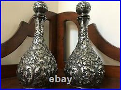 Early Pair of Sterling Silver Repousse Bottles Floral Wood & Hughes NY