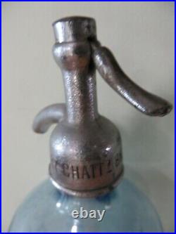 Etched Harry Chattz Brooklyn Ny 26 Oz Blue Soda Water Bottle Matching Dispenser