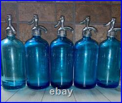 Five Beautiful Blue Antique Vintage Seltzer Bottles From Ny And Bridgeport Conn