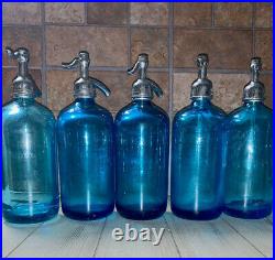 Five Beautiful Blue Antique Vintage Seltzer Bottles From Ny And Bridgeport Conn