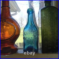 IRON PONTIL PRETTY BLUE F. GLEASON ROCHESTER N. Y 1850s LONG NECK SODA BOTTLE NICE