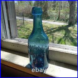 IRON PONTIL PRETTY BLUE F. GLEASON ROCHESTER N. Y 1850s LONG NECK SODA BOTTLE NICE