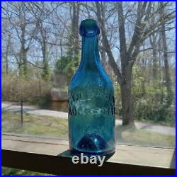 IRON PONTIL PRETTY BLUE F. GLEASON ROCHESTER N. Y 1850s LONG NECK SODA BOTTLE NICE