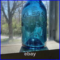 IRON PONTIL PRETTY BLUE F. GLEASON ROCHESTER N. Y 1850s LONG NECK SODA BOTTLE NICE