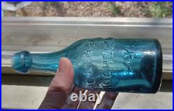 IRON PONTIL PRETTY BLUE F. GLEASON ROCHESTER N. Y 1850s LONG NECK SODA BOTTLE NICE