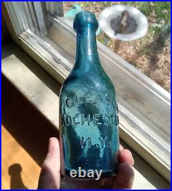 IRON PONTIL PRETTY BLUE F. GLEASON ROCHESTER N. Y 1850s LONG NECK SODA BOTTLE NICE