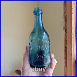 IRON PONTIL PRETTY BLUE F. GLEASON ROCHESTER N. Y 1850s LONG NECK SODA BOTTLE NICE