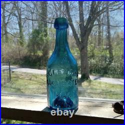 IRON PONTIL PRETTY BLUE F. GLEASON ROCHESTER N. Y 1850s LONG NECK SODA BOTTLE NICE